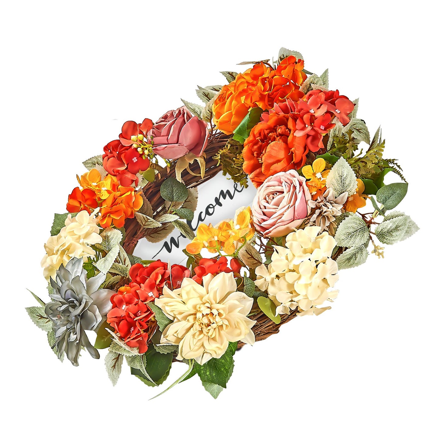 Decorative Wreath 24 In Red Orange Yellow Hydrangeas Roses Year Round Wreath