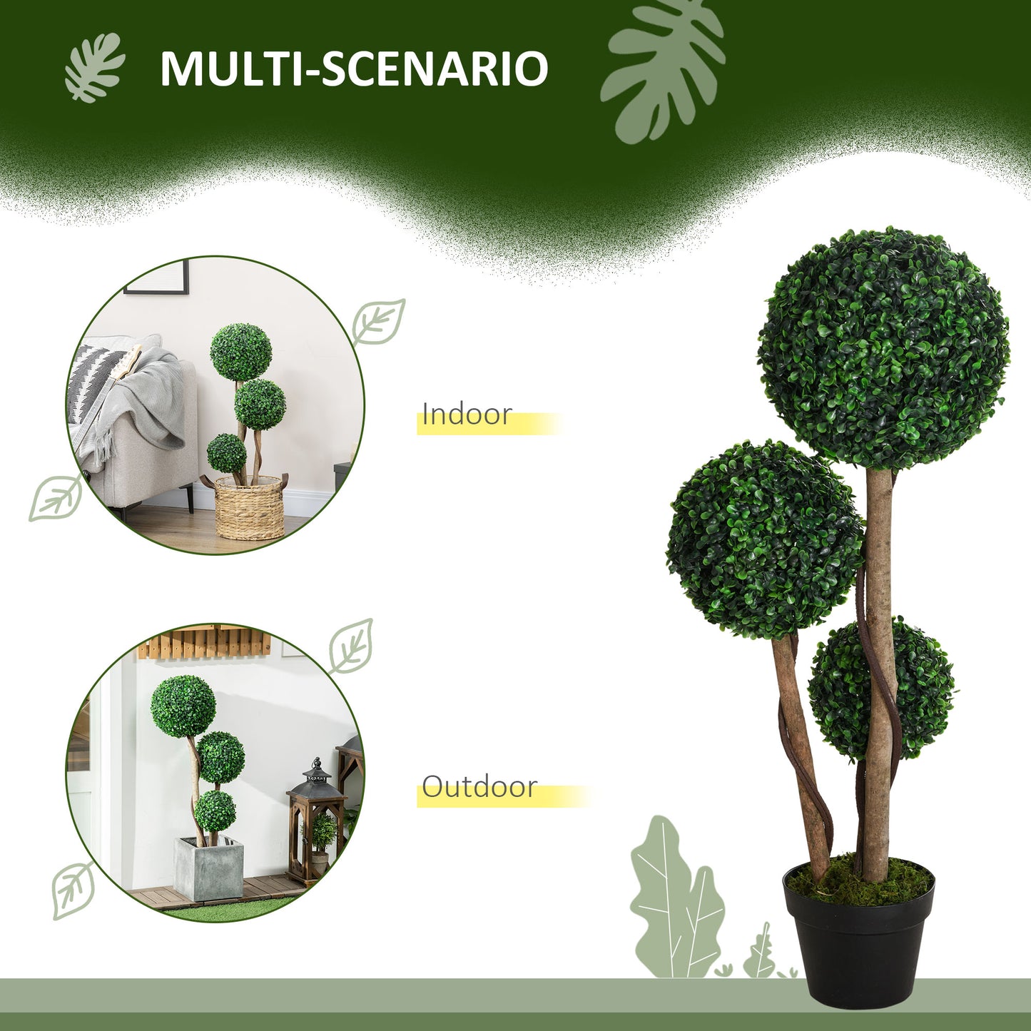 Artificial Plant for Home Decor Indoor & Outdoor Fake Plants Artificial Tree in Pot, 3 Ball Boxwood Topiary Tree for Home Office, Living Room Decor, Dark Green  1PC