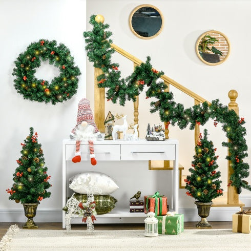 Christmas 4-Piece Set, Garland Wreath And Set Of 2 Entrance Trees With Warm White LED Lights, Red Berries, Pine Cones, Green