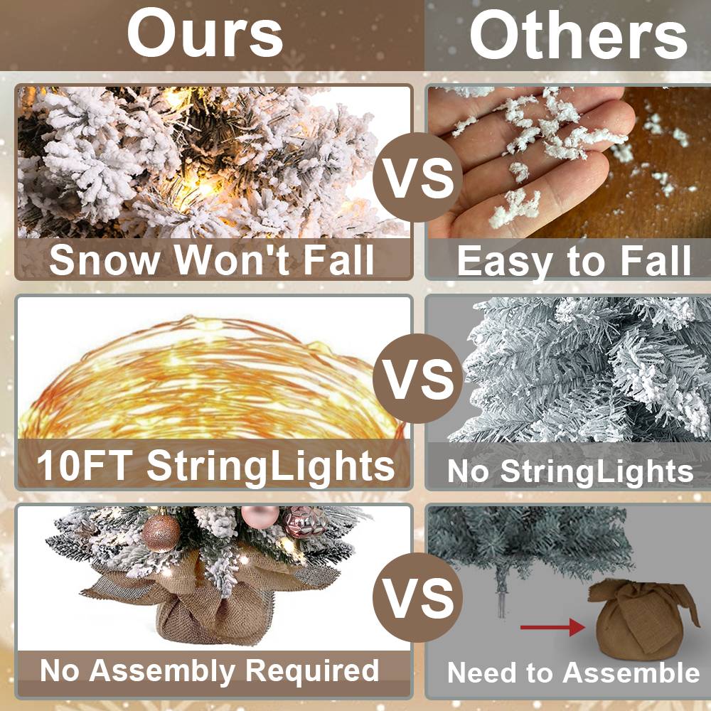 22in Tabletop Artificial Mini Rose Gold Christmas Tree W Light With Flocked Snow