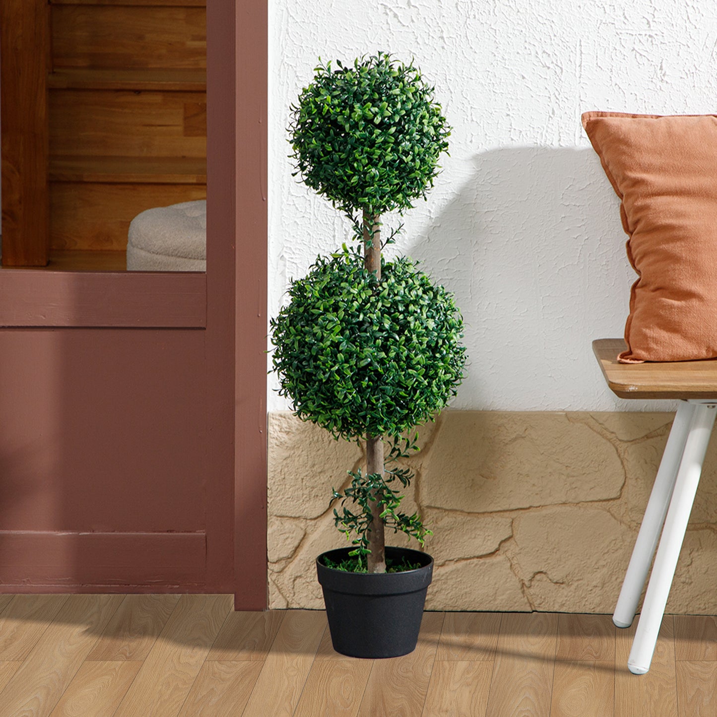 Set of 2 Artificial Ball Boxwood Topiary Trees, Fake Plants in Pot for Indoor Outdoor Living Room Green