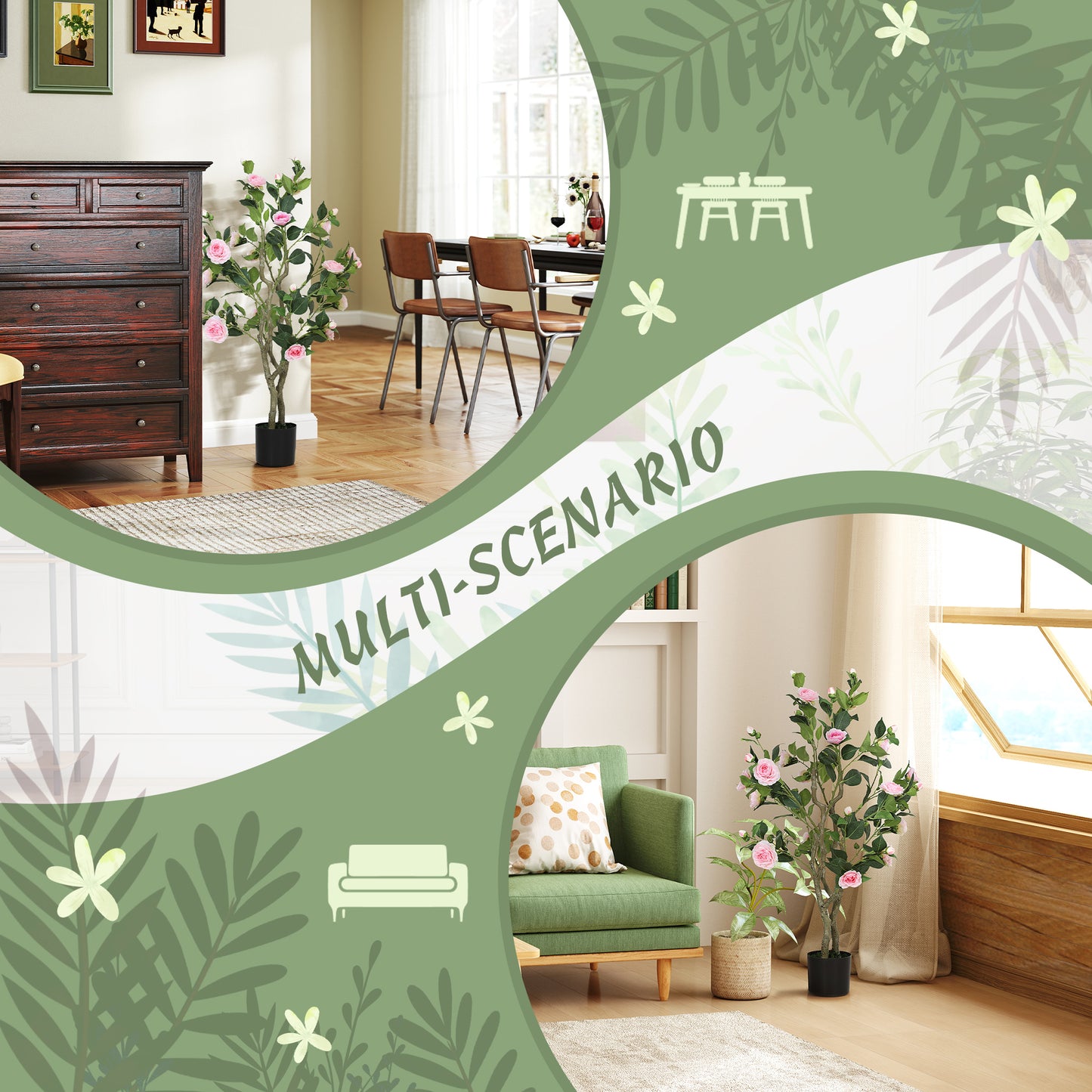 Set Of 2 Decorative Artificial Plants, Camellia Flowers In Pots, Fakes Plant For Home Indoor Decor, 39 Inch, Pink