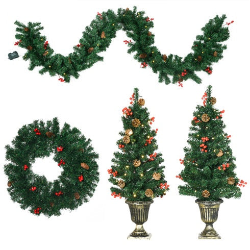 Christmas 4-Piece Set, Garland Wreath And Set Of 2 Entrance Trees With Warm White LED Lights, Red Berries, Pine Cones, Green