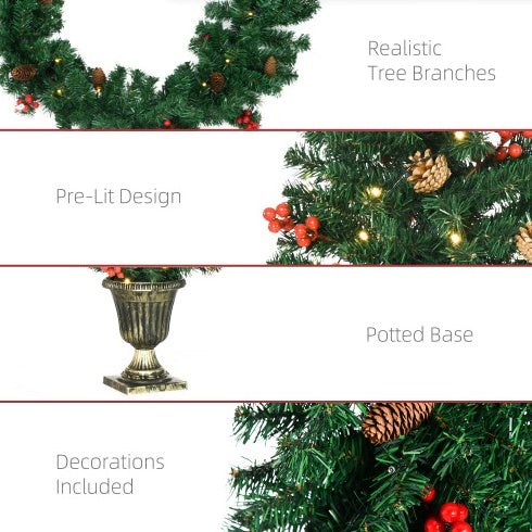 Christmas 4-Piece Set, Garland Wreath And Set Of 2 Entrance Trees With Warm White LED Lights, Red Berries, Pine Cones, Green