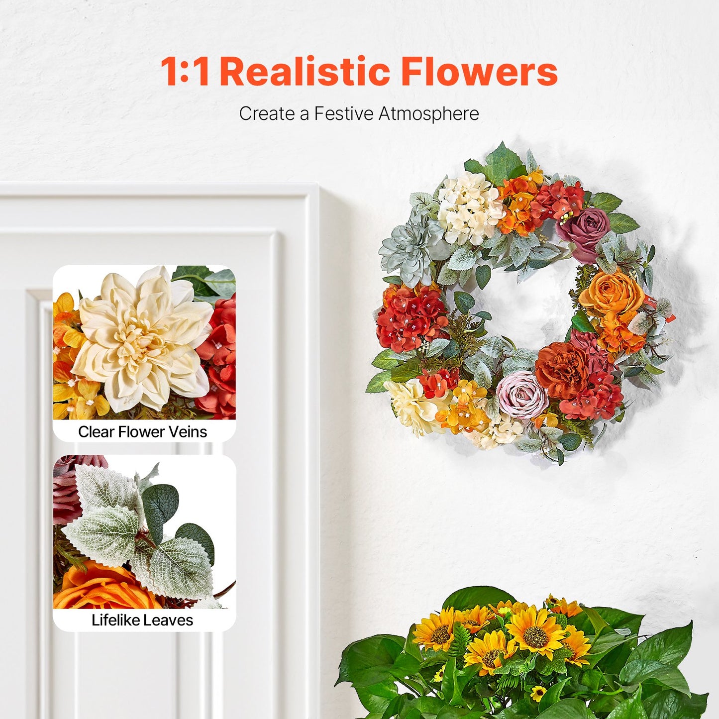 Decorative Wreath 24 In Red Orange Yellow Hydrangeas Roses Year Round Wreath