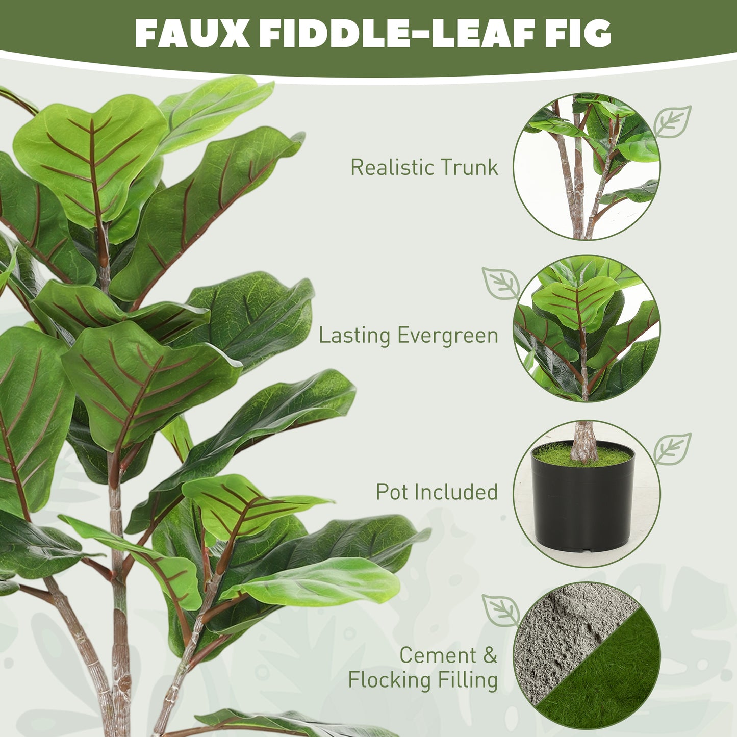 Artificial Fiddle Leaf Fig Tree, 43" Potted Plant with Flocked Soil for Home Office Decor, Green