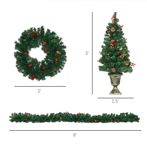 Christmas 4-Piece Set, Garland Wreath And Set Of 2 Entrance Trees With Warm White LED Lights, Red Berries, Pine Cones, Green